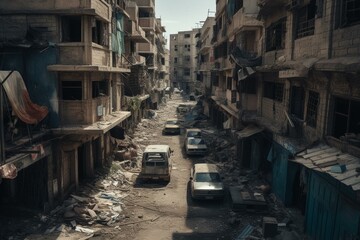 Fototapeta na wymiar War-torn, destitute Middle Eastern city with hazardous living conditions. Generative AI