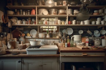 Kitchen cluttered due to hoarding. Generative AI