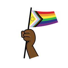 Rainbow flag. Brown dark skin hand holding lgbt flag. Pride month. Diversity.