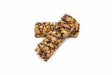 Delicious healthy bar of whole oatmeal and chocolate on a white isolated background. Delicious healthy snack or carbohydrate replenishment