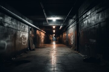 Dark, grungy underground space with rough concrete, asphalt, and cement surfaces. Glowing lights add an eerie feel. Possible bomb shelter or parking room. Generative AI