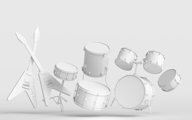 Set of electric acoustic guitars and drums with cymbals on monochrome background