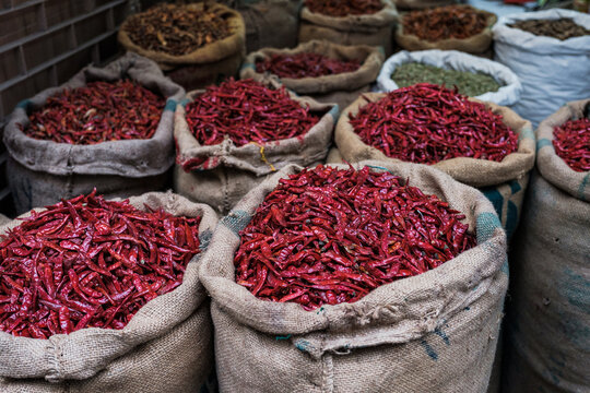 Chili peppers in sacks.