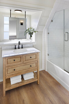 Interior bathroom in home with shower tub