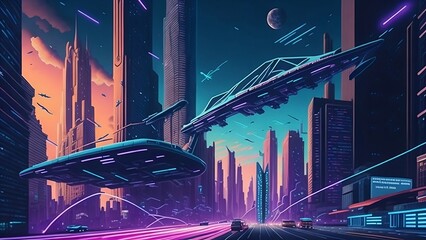 Cityscape Flying Cars Neon Lights Towering Skyscrapers Bustling Streets Futuristic Architecture Hovering Drones Holographic Billboards Elevated Walkways