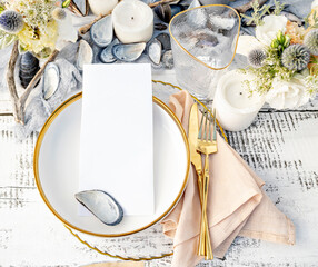 Festive wedding, birthday, party table setting with cutlery and plate. Menu mockup. Elegant modern...