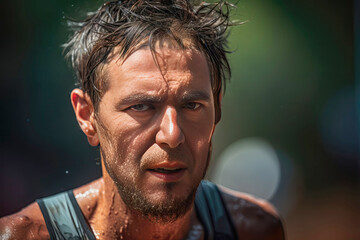 Ultramarathon runner running with unwavering focus and sheer determinationnder the radiant sunlight, a testament to his endurance and mental strength