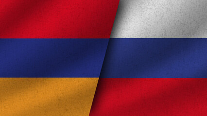 Russia and Armenia Realistic Two Flags Together, 3D Illustration