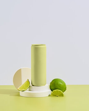 Green drink can on props and fresh lime 