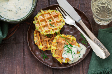 Zucchini wafers with dill and onion, served with sour cream sauce and wine.
