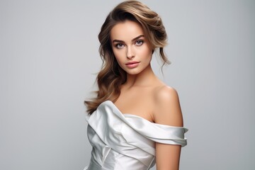 Fashion Portrait of Beautiful Young Woman Lady Model in White Dress. Generative AI