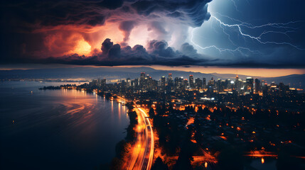 Lightning storm over city Generative AI