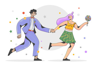 Happy couple running hand in hand at non-traditional wedding ceremony.