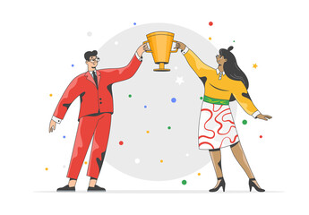 Successful business partners holding golden cup together