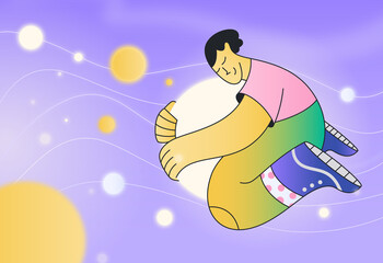 Teenager hugging shining fluffy ball. Mental health and inner peace.