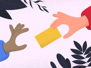 Empty card with copy space held by white hand,with black hand reaching