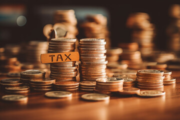 stack of coins placed next to the word tax. The coins may symbolize the need to pay taxes, while the presence points to the theme of labor relations and finance - obrazy, fototapety, plakaty