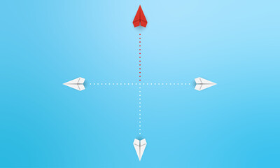 Four paper planes are heading in different routes towards the four directions, but one is heading in the right direction.