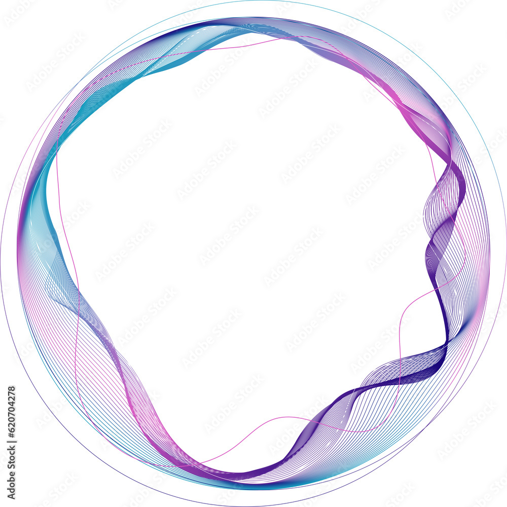 Poster round frame made of dynamic neon curved lines for technology concepts, user interface design, web de