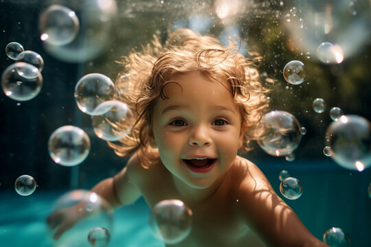 A child blowing bubbles in the water, creating a whimsical scene in the pool Generative AI