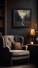 A cozy corner with a comfortable chair and a bookcase. An ideal place for reading and relaxing. Generative AI