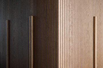 Detail shot of a wood closet with external handles and vertical lines