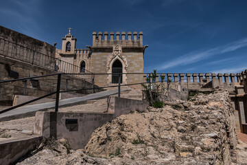 Fototapeta na wymiar Xativa Castle or Castillo de Xativa - ancient fortification on the ancient roadway Via Augusta in Spain. Neogothic building of Sant Jordi Chapel (XIV – XV centuries). Xativa, Spain, Europe.