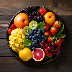 Raw and ripe fruits berries platter, on a round brown plate, on a wooden table, top view. Round fruit vitamin plate, proper and healthy nutrition. AI Generated.