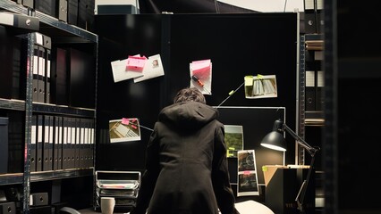 Private detective reviewing evidence files in police agency indicent room, working on conducting...