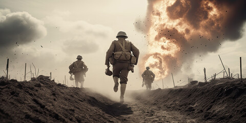 Soldiers running across the battlefield. Explosions in the background. AI generated image