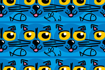 Weird, cool, funny, blue cartoon cat. 
Trendy, stylish, fashionable, seamless vector pattern for design and decoration.