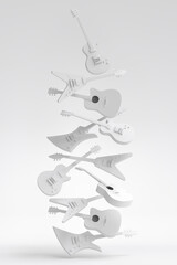 Set of electric acoustic guitars isolated on monochrome background.