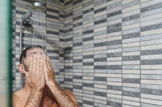 Man showering in the morning