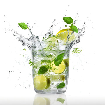 Mojito splashing out from the glass. Refreshing summer drink, thirst quencher. Object isolated on white background. AI Generated.