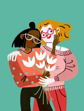  Lesbians huggs with flowers
