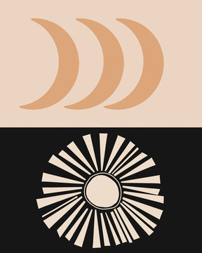 Celestial Illustration Of Three Crescent Moons And A Sun