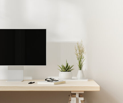 Computer Monitor On Desk With Notebook And Glasses, Office Desk , 3d