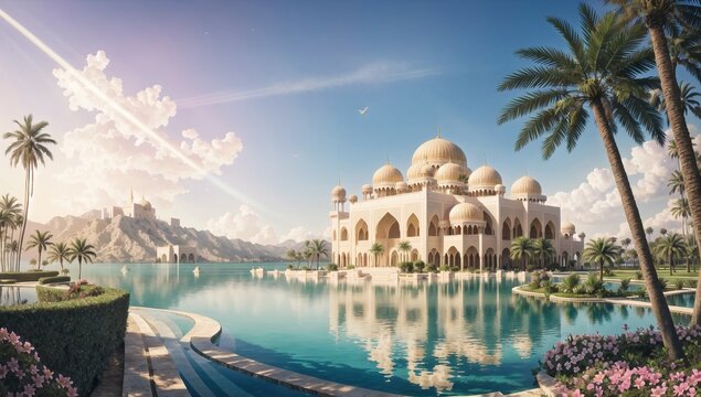 It is a beautiful place, a palace by the lake, surrounded by a garden featuring trees, palm trees, and flowers, embellished with Islamic architecture.
