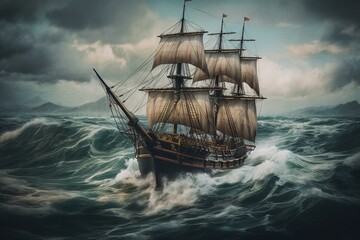A stunning oil painting of a ship sailing on the sea. Generative AI