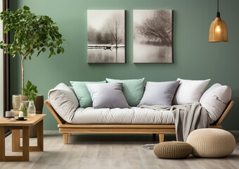 Stylish wooden sofa with green and grey cushions against green wall. Beige pouf and side table on hardwood floor. Scandinavian interior design of modern living room. Created with generative AI