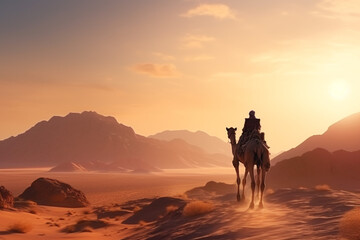 man riding camel in desert. Generative AI.