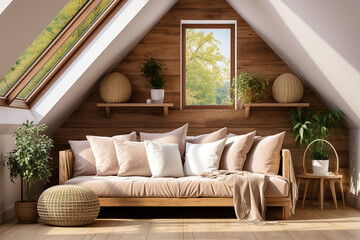 Cream color sofa with many pillows near wooden paneling wall with shelves. Scandinavian interior design of modern stylish living room in attic. Created with generative AI