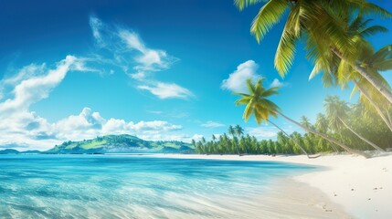 Obraz na płótnie Canvas Sunny Tropical Beach With Palm Leaves And Paradise
