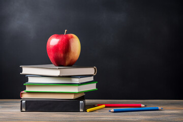 stack of books and pencils on school table against blackboard with an apple on top. Back to school concept, learning. High quality photo