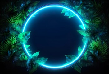 Green and Blue Neon Light with Tropical Leaves - obrazy, fototapety, plakaty