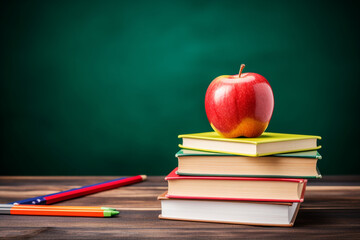 stack of books and pencils on school table against blackboard with an apple on top. Back to school concept, learning. High quality photo