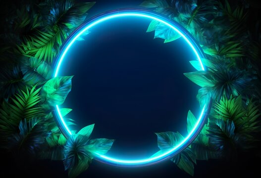 Green and Blue Neon Light with Tropical Leaves