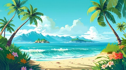 Fototapeta na wymiar Sunny Tropical Beach With Palm Leaves And Paradise