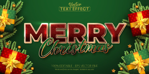 Merry christmas text, shiny rose gold color style editable text effect on green background