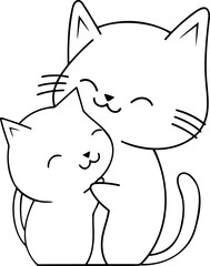 Cat and kitten vector illustration. Black and white outline Cat and kitten coloring book or page for children